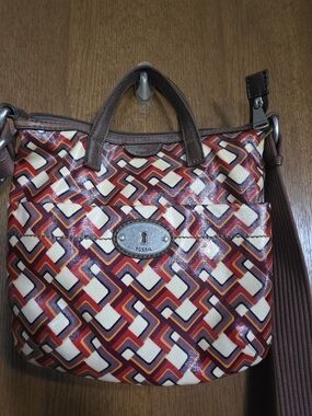 Fossil Brown, Cream, Red & Purple Geometric Crossbody Bag